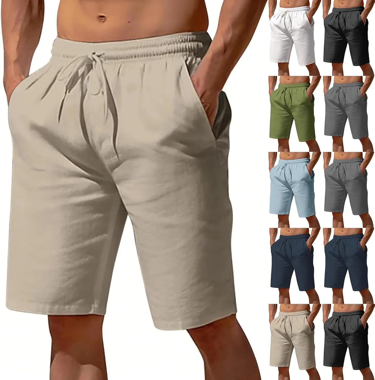 Linen Shorts for Men Elastic Waisted Drawstring Summer Shorts Lightweight Relaxed Fit Beach Short Pants with Pockets