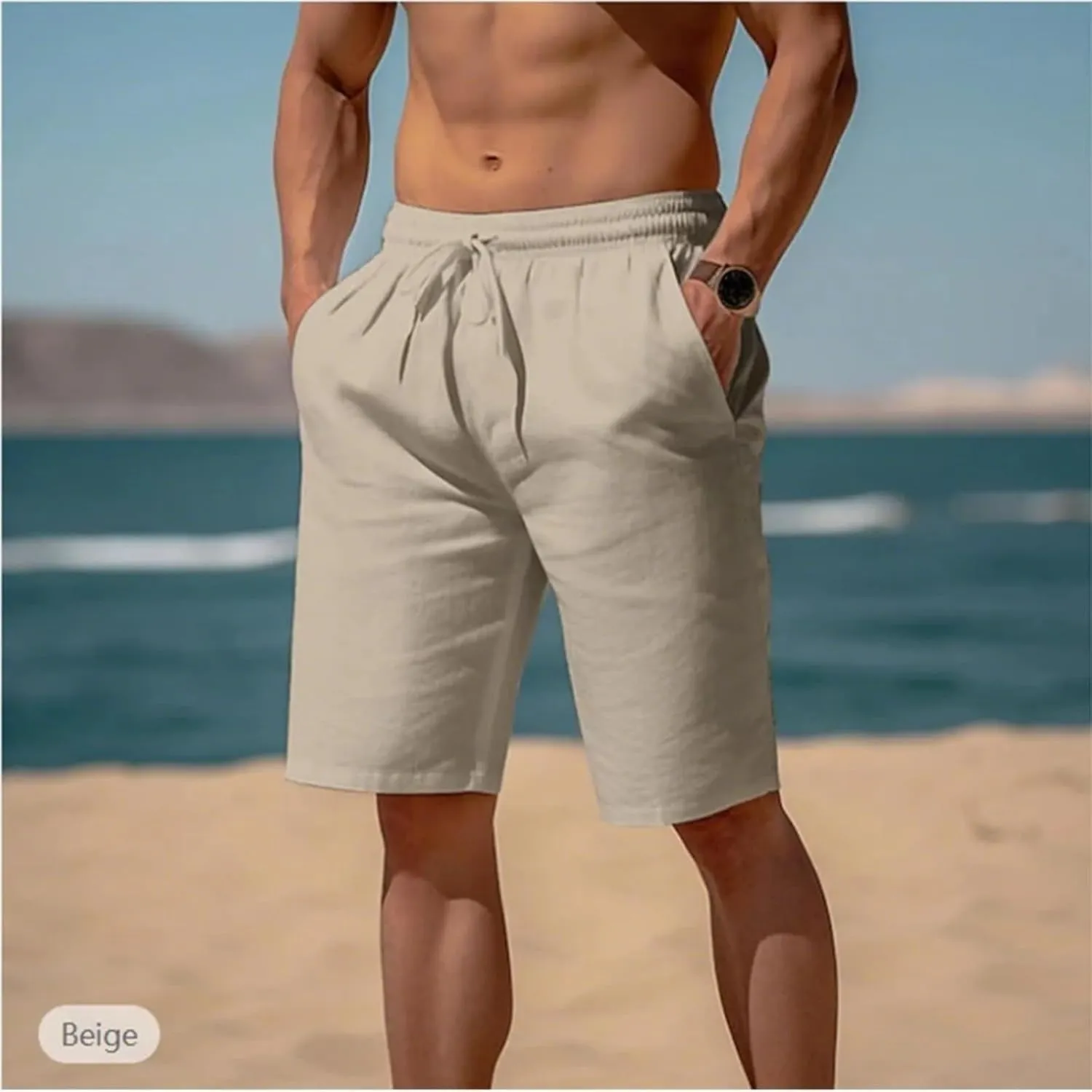 Linen Shorts for Men Elastic Waisted Drawstring Summer Shorts Lightweight Relaxed Fit Beach Short Pants with Pockets