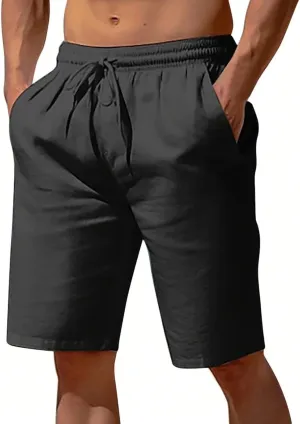 Linen Shorts for Men Elastic Waisted Drawstring Summer Shorts Lightweight Relaxed Fit Beach Short Pants with Pockets