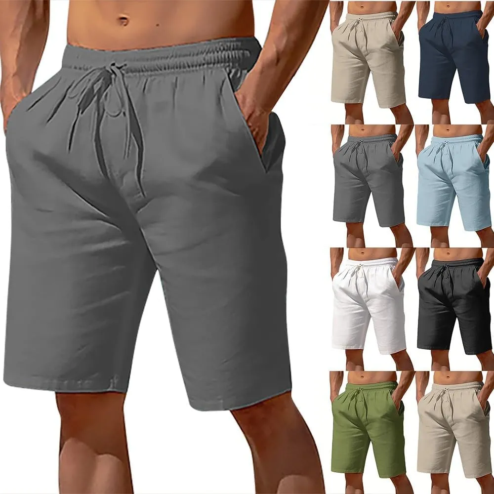 Linen Shorts for Men Elastic Waisted Drawstring Summer Shorts Lightweight Relaxed Fit Beach Short Pants with Pockets