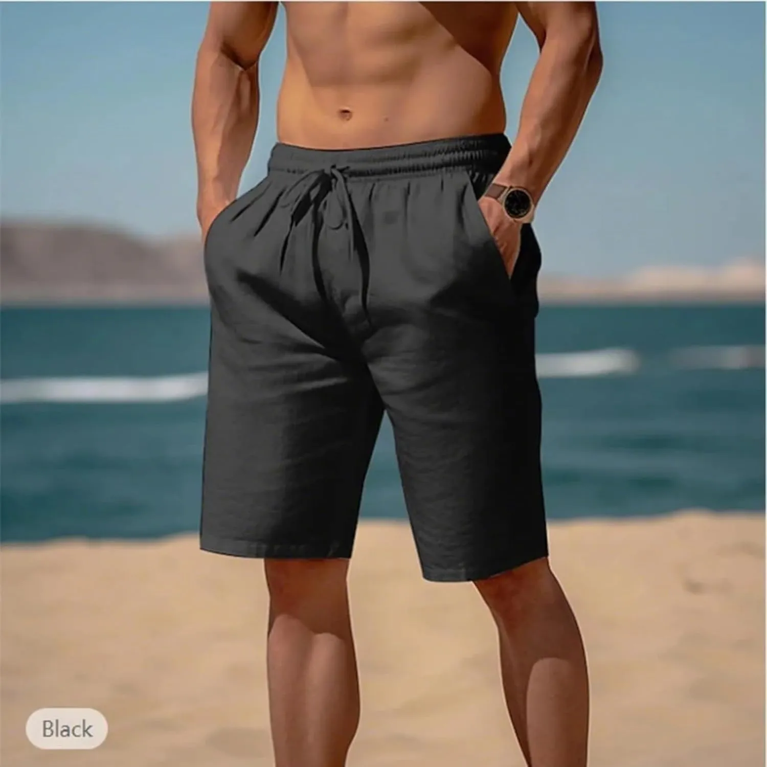 Linen Shorts for Men Elastic Waisted Drawstring Summer Shorts Lightweight Relaxed Fit Beach Short Pants with Pockets
