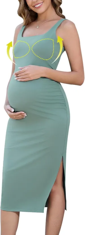 Liu & Qu Women's Sleeveless Maternity Dress with Built in Bra Side Ruched Casual Pregnancy Bodycon Dresses