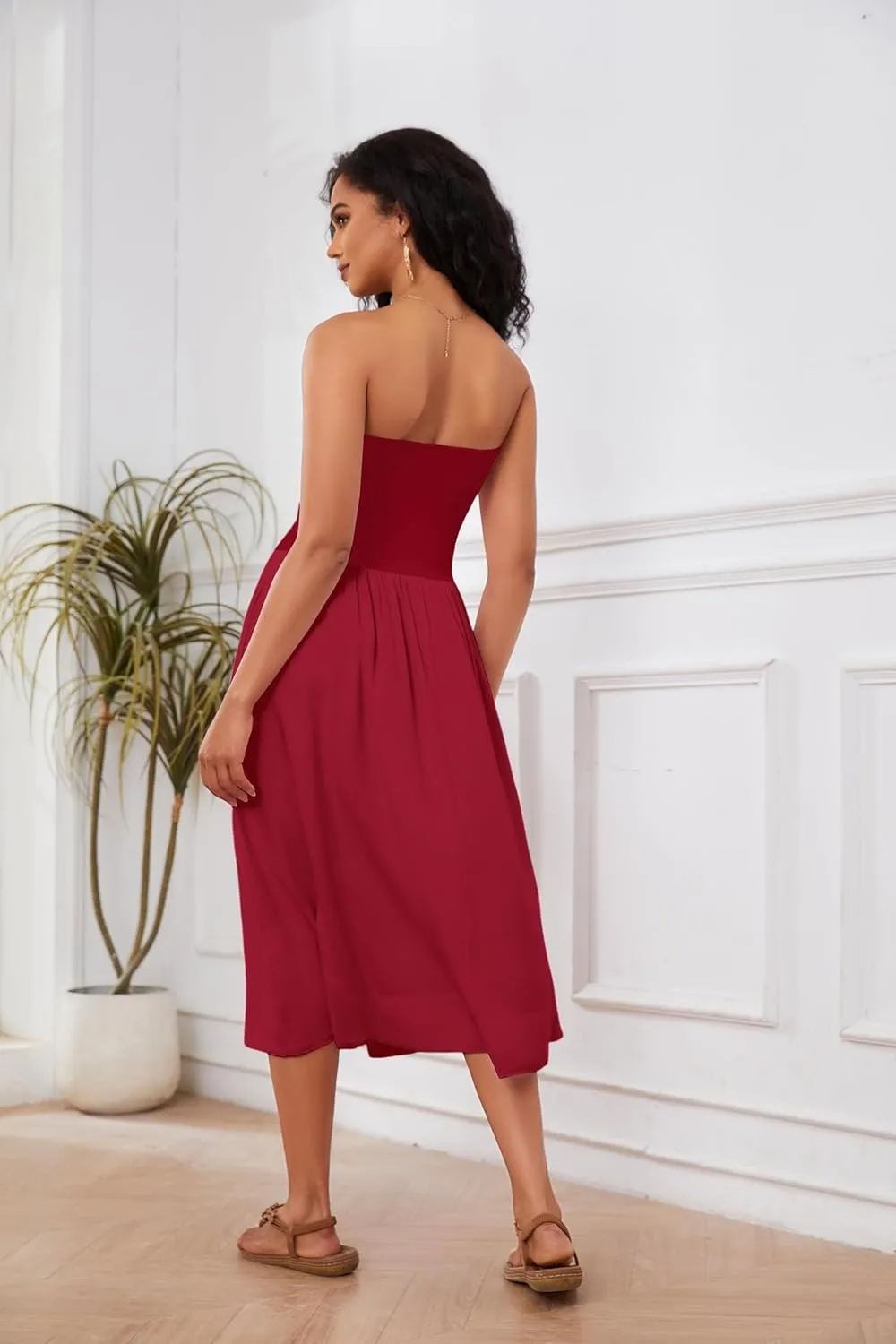 Livtany Women Off Shoulder Midi Dress Strapless Sleeveless Drop-Waist A Line Tube Dress Trendy Summer Swing Patchwork Dress