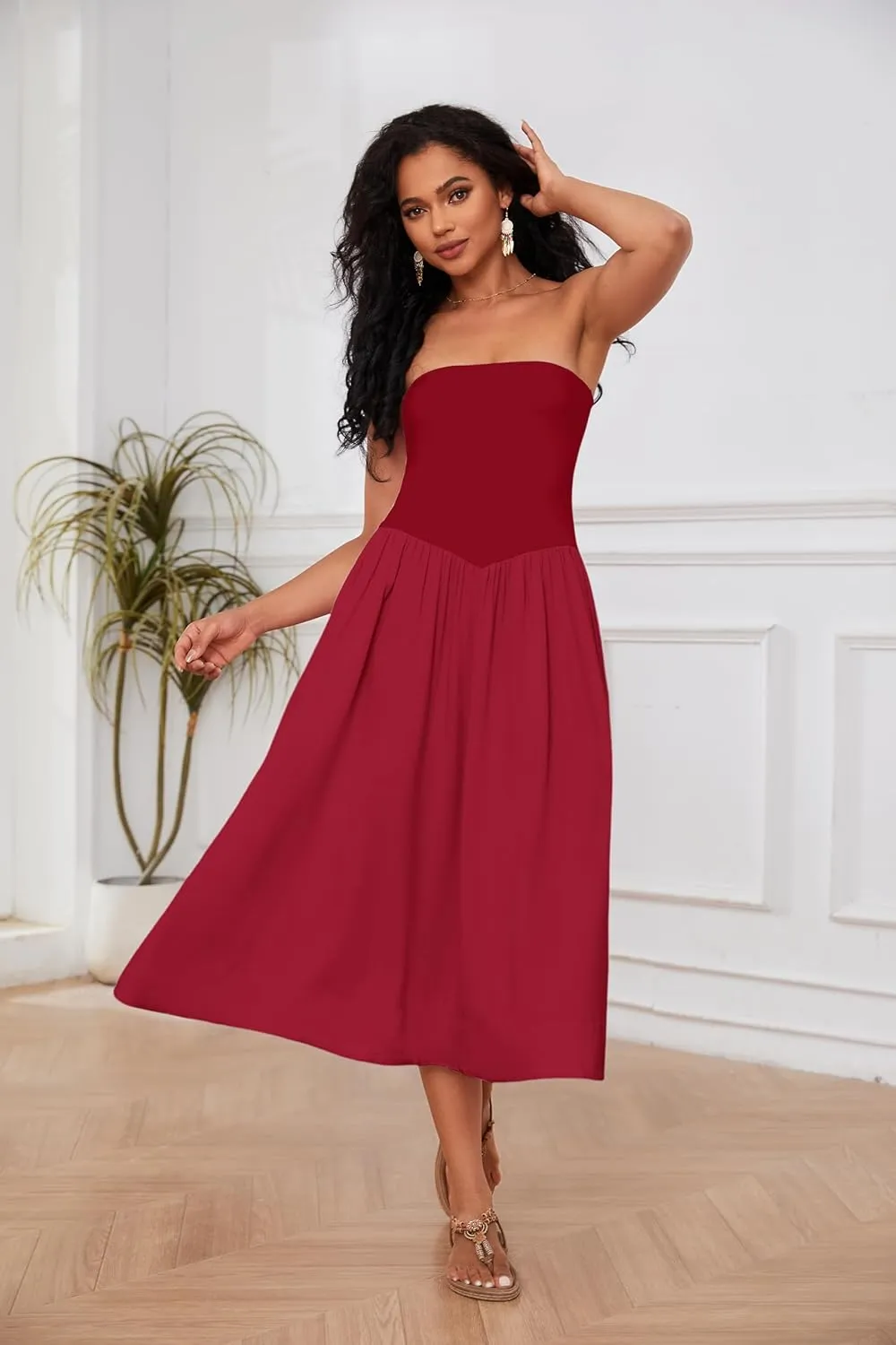 Livtany Women Off Shoulder Midi Dress Strapless Sleeveless Drop-Waist A Line Tube Dress Trendy Summer Swing Patchwork Dress