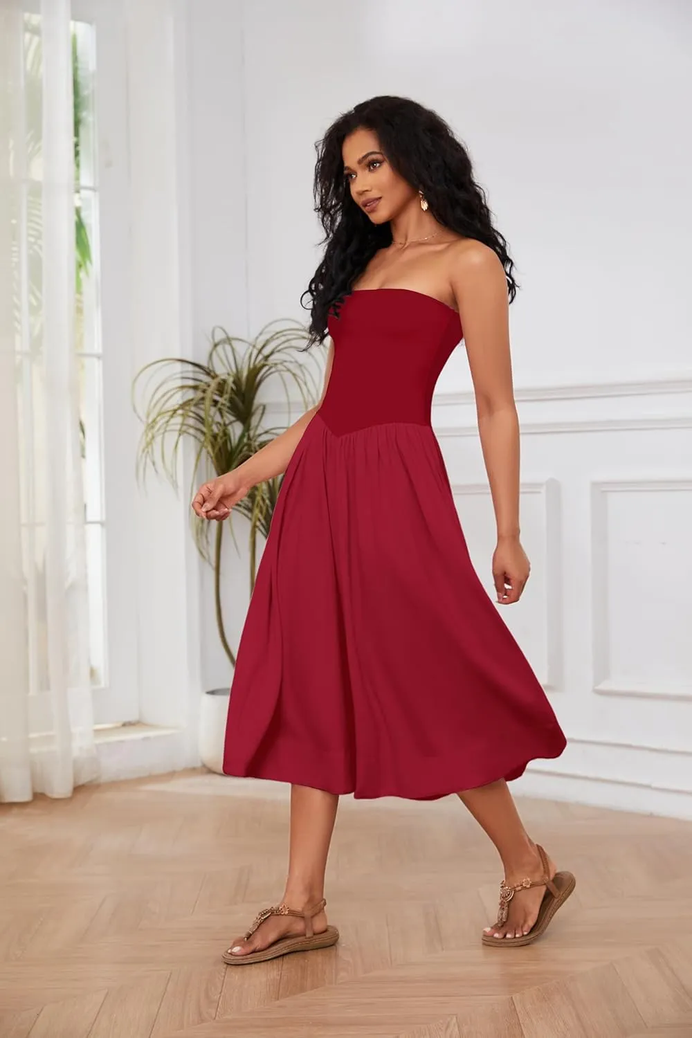 Livtany Women Off Shoulder Midi Dress Strapless Sleeveless Drop-Waist A Line Tube Dress Trendy Summer Swing Patchwork Dress