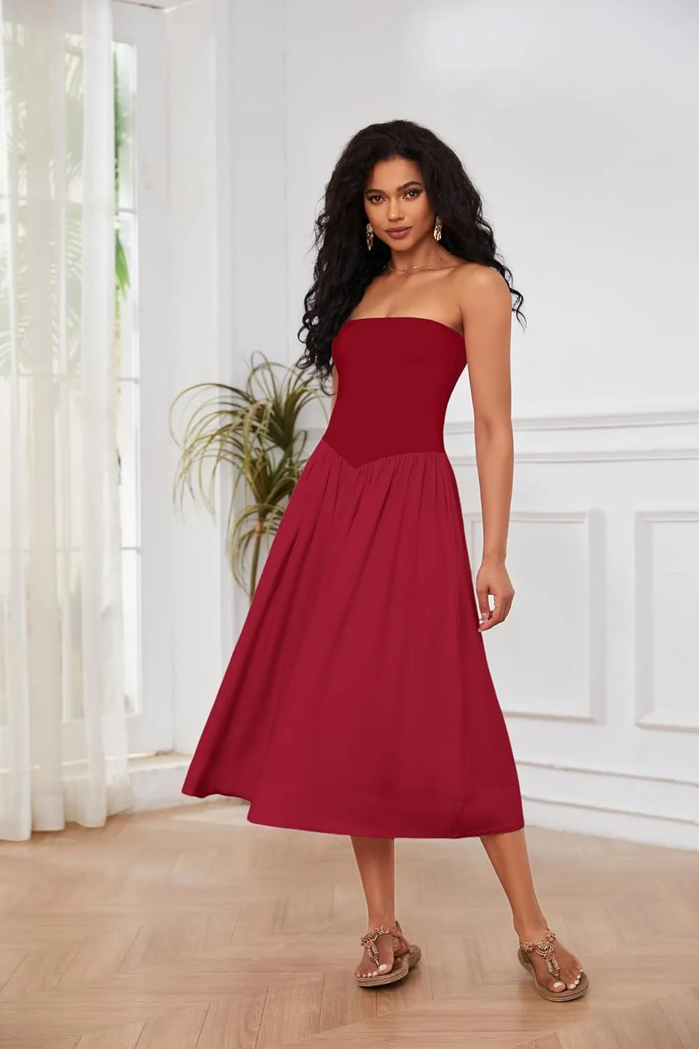Livtany Women Off Shoulder Midi Dress Strapless Sleeveless Drop-Waist A Line Tube Dress Trendy Summer Swing Patchwork Dress