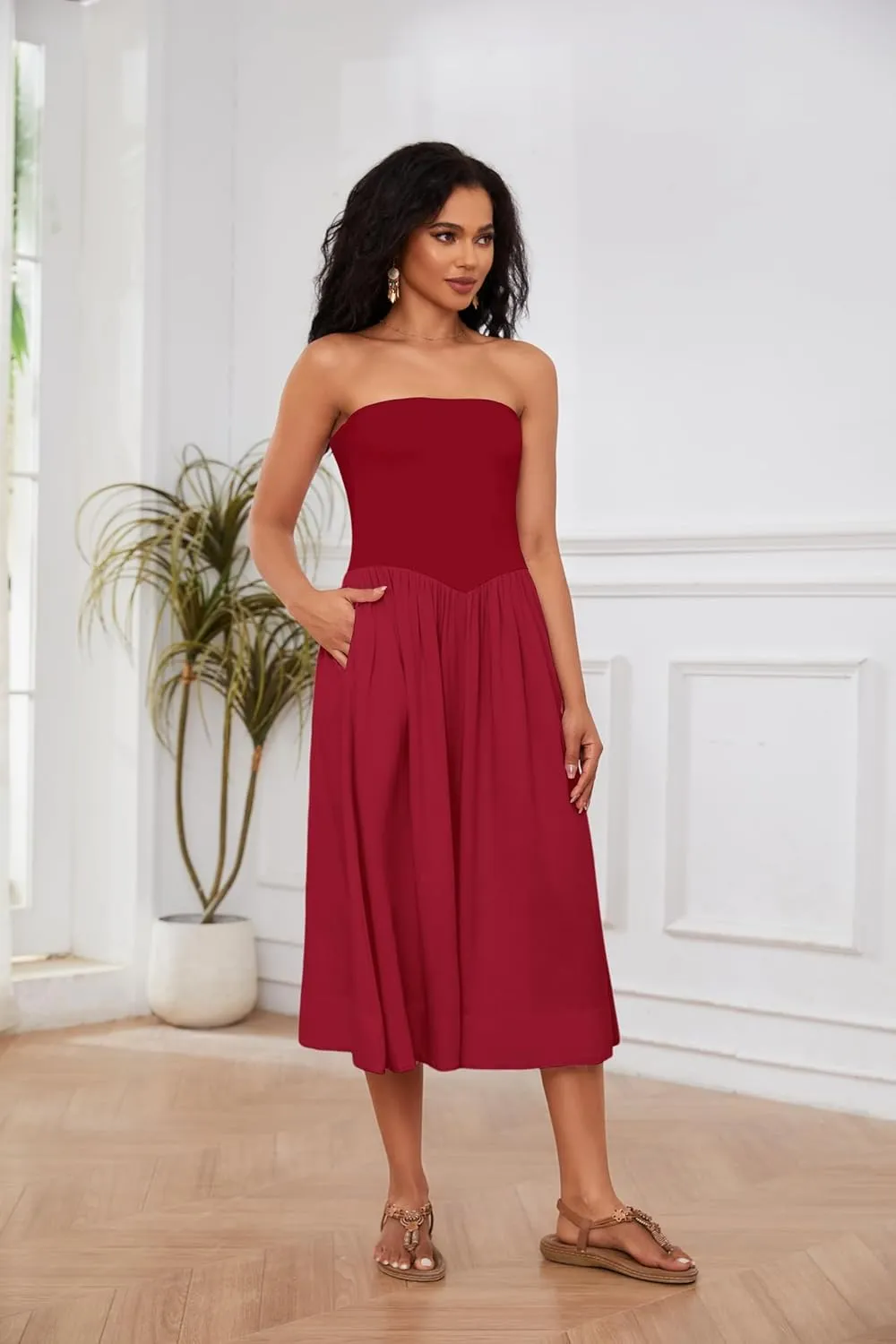 Livtany Women Off Shoulder Midi Dress Strapless Sleeveless Drop-Waist A Line Tube Dress Trendy Summer Swing Patchwork Dress