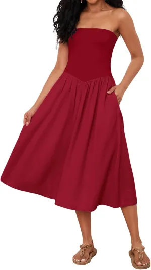 Livtany Women Off Shoulder Midi Dress Strapless Sleeveless Drop-Waist A Line Tube Dress Trendy Summer Swing Patchwork Dress