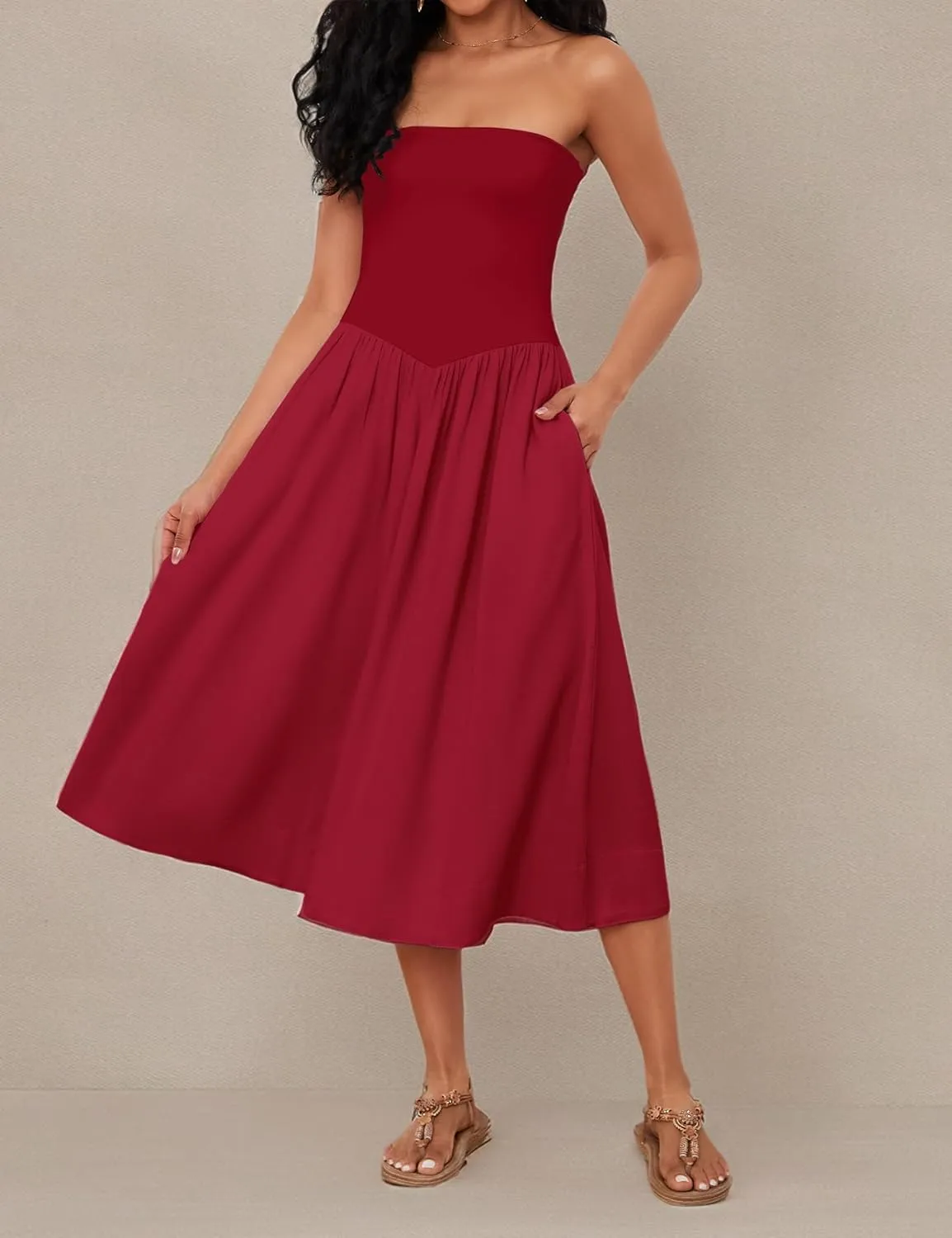 Livtany Women Off Shoulder Midi Dress Strapless Sleeveless Drop-Waist A Line Tube Dress Trendy Summer Swing Patchwork Dress