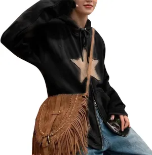 LOFAAC Women Oversized Star Graphic Zip Up Hoodies Sweatshirt Y2K Vintage Long Sleeve Drawstring Jacket Pullover Outwear