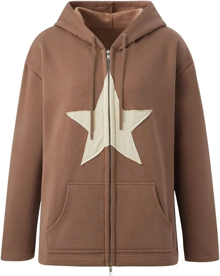 LOFAAC Women Oversized Star Graphic Zip Up Hoodies Sweatshirt Y2K Vintage Long Sleeve Drawstring Jacket Pullover Outwear