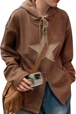 LOFAAC Women Oversized Star Graphic Zip Up Hoodies Sweatshirt Y2K Vintage Long Sleeve Drawstring Jacket Pullover Outwear