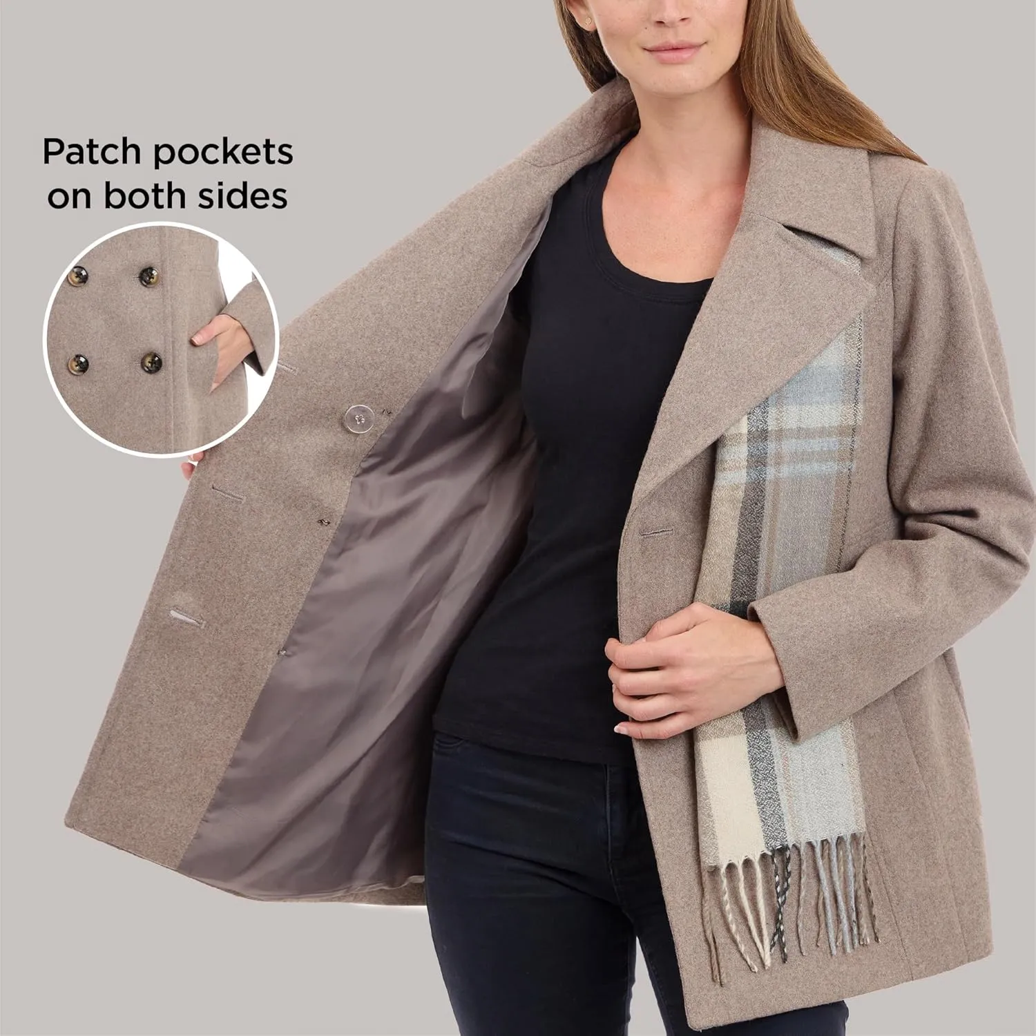LONDON FOG Women's Double Breasted Peacoat with Scarf
