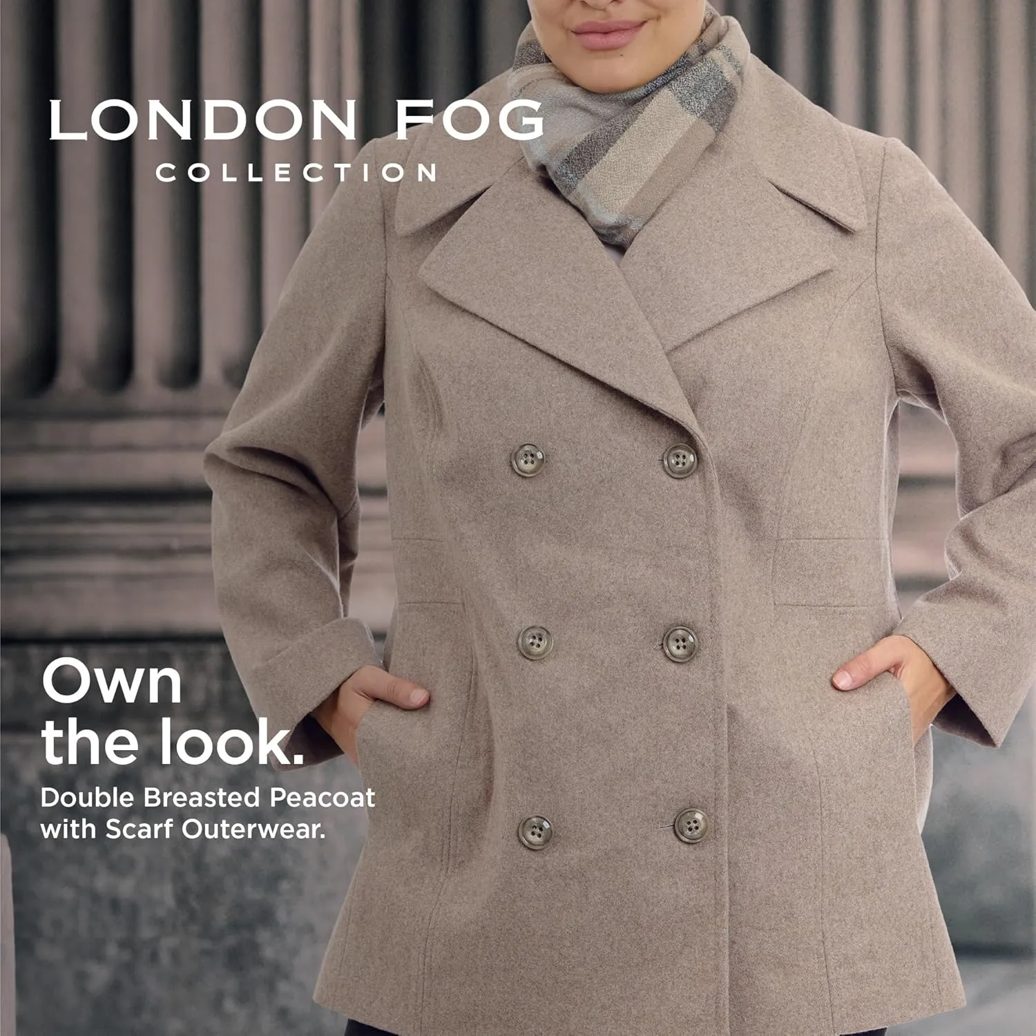 LONDON FOG Women's Plus-Size Double Breasted Peacoat with Scarf