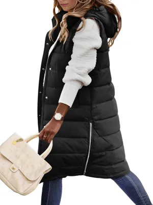 Long Puffer Vest Women Quilted Hooded Vest Zip Up Sleeveless Vests Outerwear Padded Jacket Warm Winter Coat 2025
