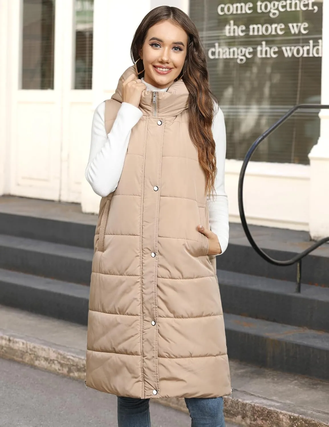 Long Puffer Vest Women Quilted Hooded Vest Zip Up Sleeveless Vests Outerwear Padded Jacket Warm Winter Coat 2025
