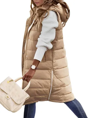 Long Puffer Vest Women Quilted Hooded Vest Zip Up Sleeveless Vests Outerwear Padded Jacket Warm Winter Coat 2025