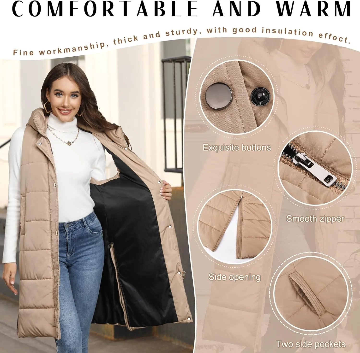 Long Puffer Vest Women Quilted Hooded Vest Zip Up Sleeveless Vests Outerwear Padded Jacket Warm Winter Coat 2025