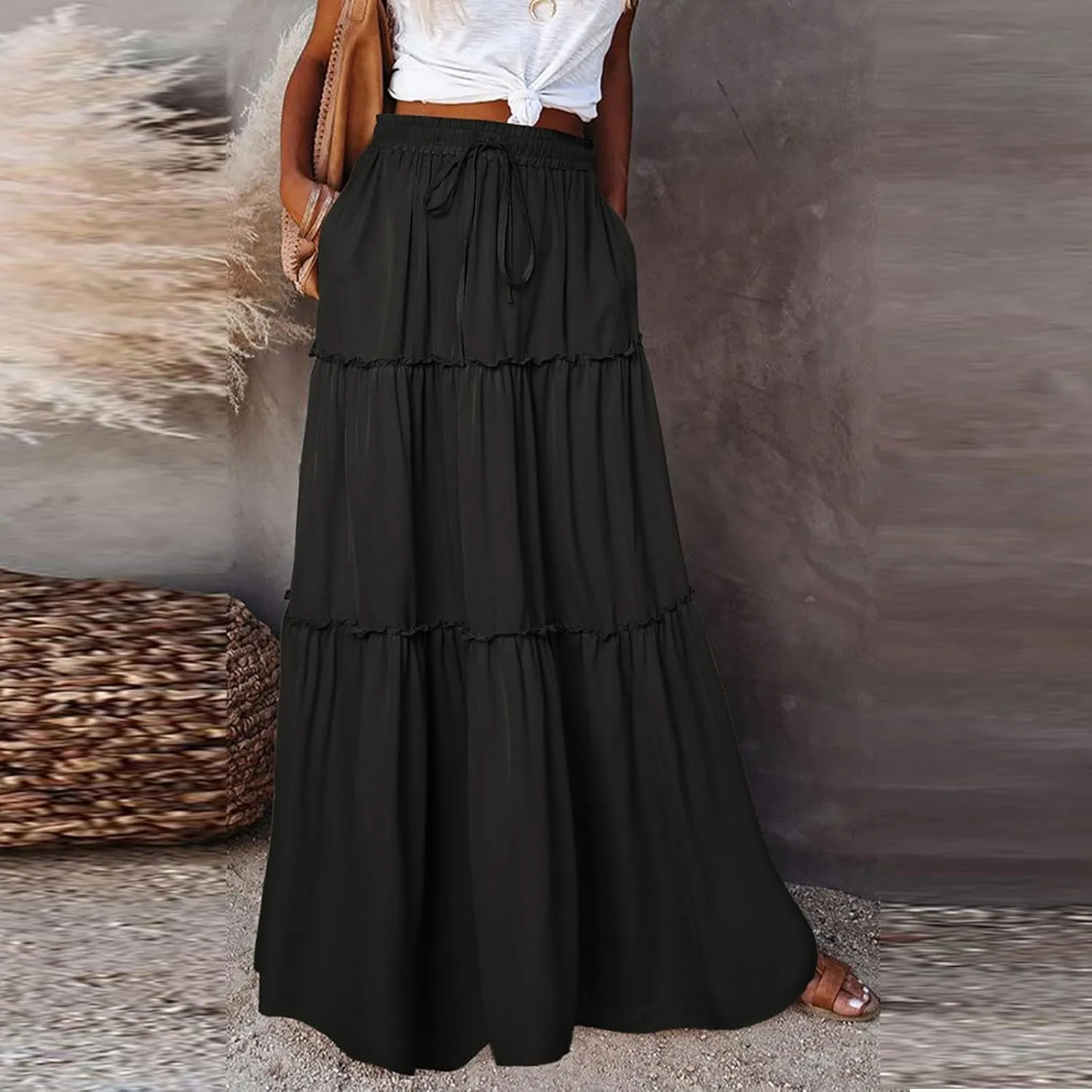 Long Skirts for Women Summer Tiered Flowy Floral Maxi Skirt High Waist Ruffle Beach Vacation Pleated Skirts w/Pockets
