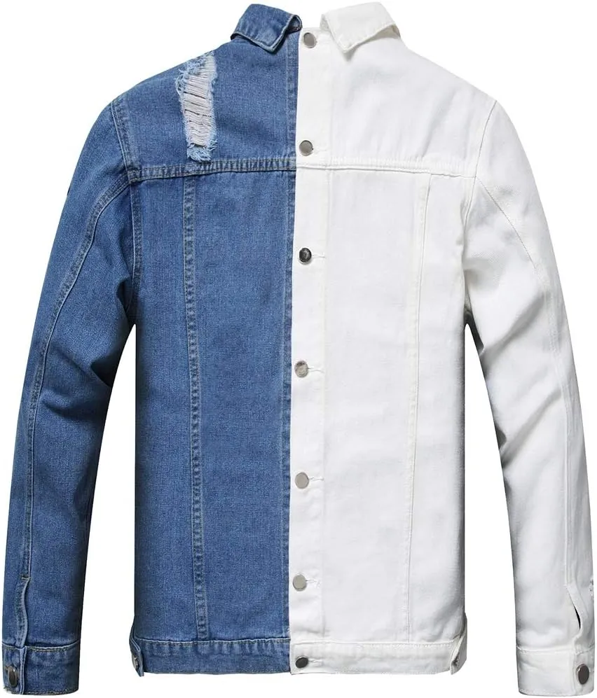 LZLER Jean Jacket for Men,Separable Left&Right Ripped Slim Fit Mens Denim Jacket