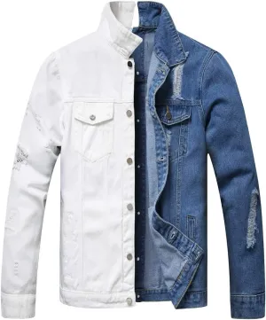 LZLER Jean Jacket for Men,Separable Left&Right Ripped Slim Fit Mens Denim Jacket