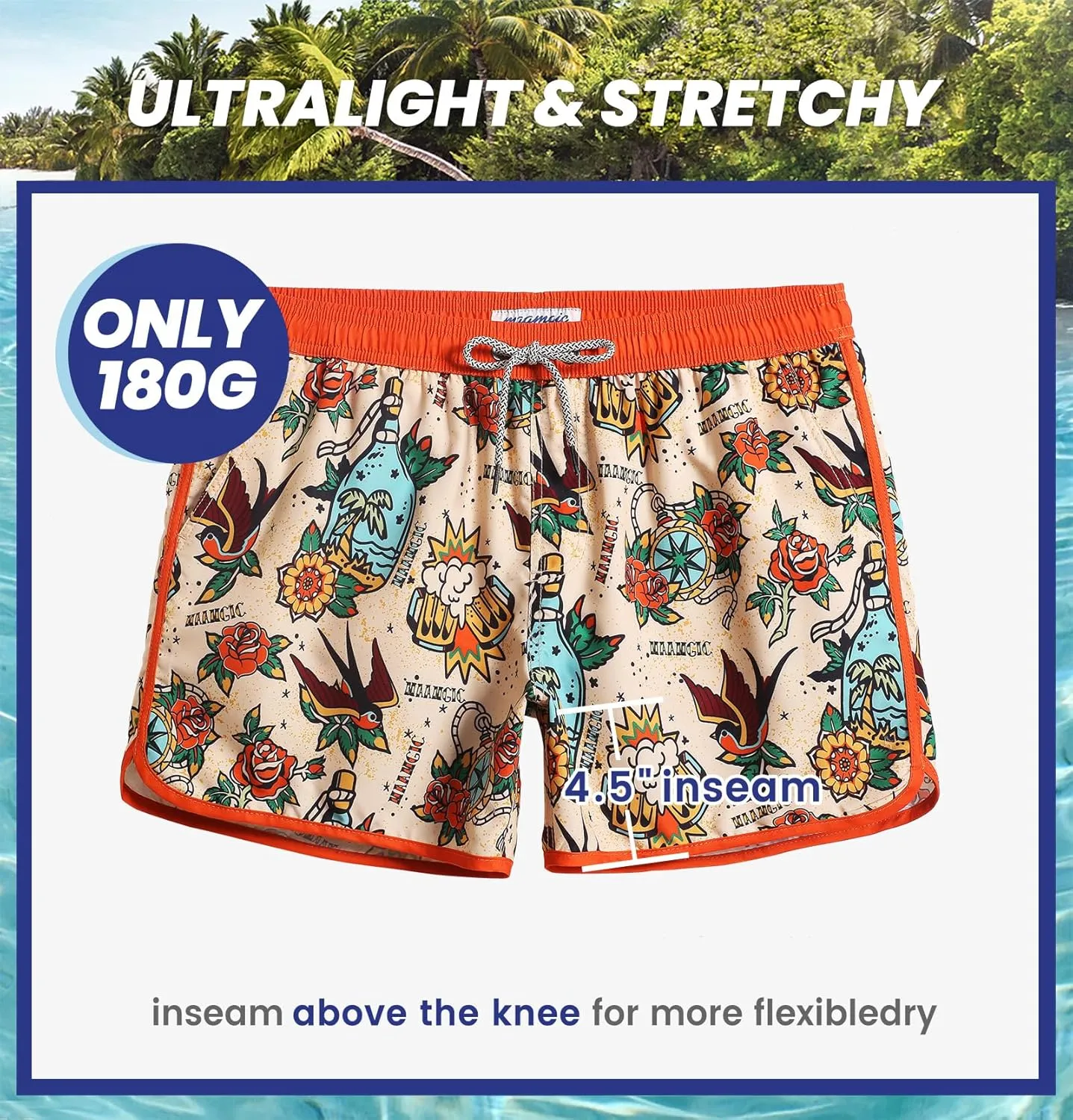 maamgic Mens Swim Trunks Retro Swim Shorts 4 Way Stretch with Mesh Vintage 80s 90s Quick Dry Swimsuits Board Shorts