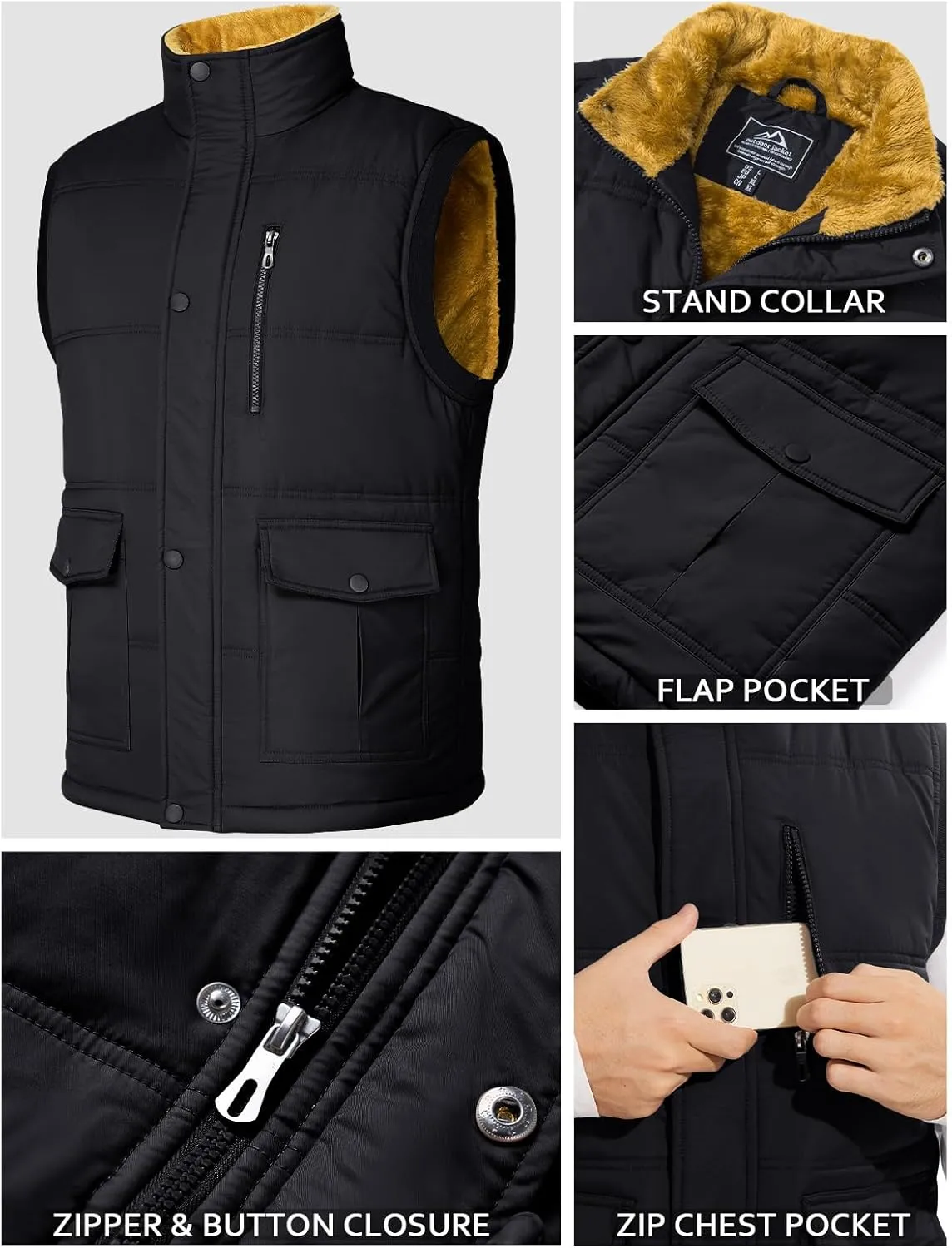 MAGCOMSEN Mens Winter Vests Outerwear Fleece Lined Puffer Vest Warm Casual Quilted Vest Bubble Sherpa Vest Jacket