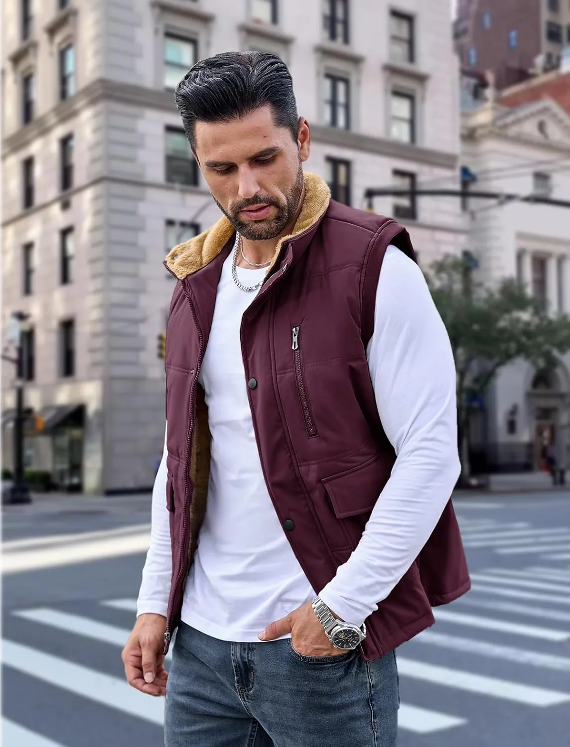 MAGCOMSEN Mens Winter Vests Outerwear Fleece Lined Puffer Vest Warm Casual Quilted Vest Bubble Sherpa Vest Jacket