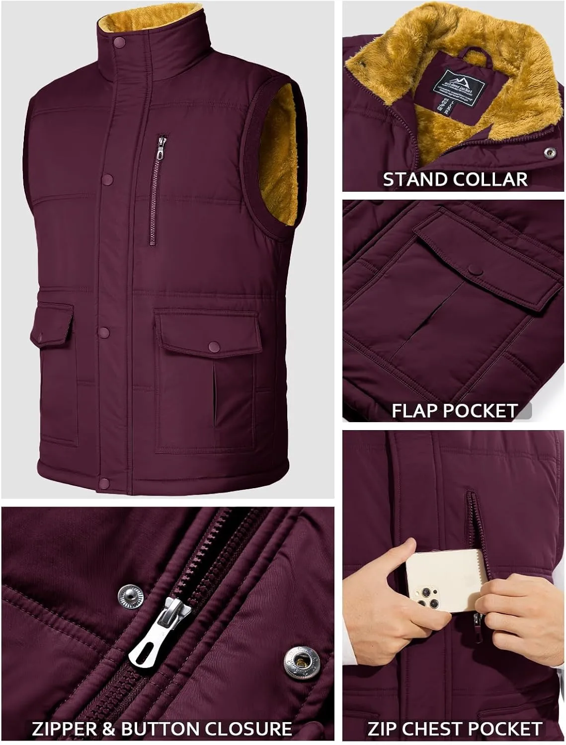 MAGCOMSEN Mens Winter Vests Outerwear Fleece Lined Puffer Vest Warm Casual Quilted Vest Bubble Sherpa Vest Jacket