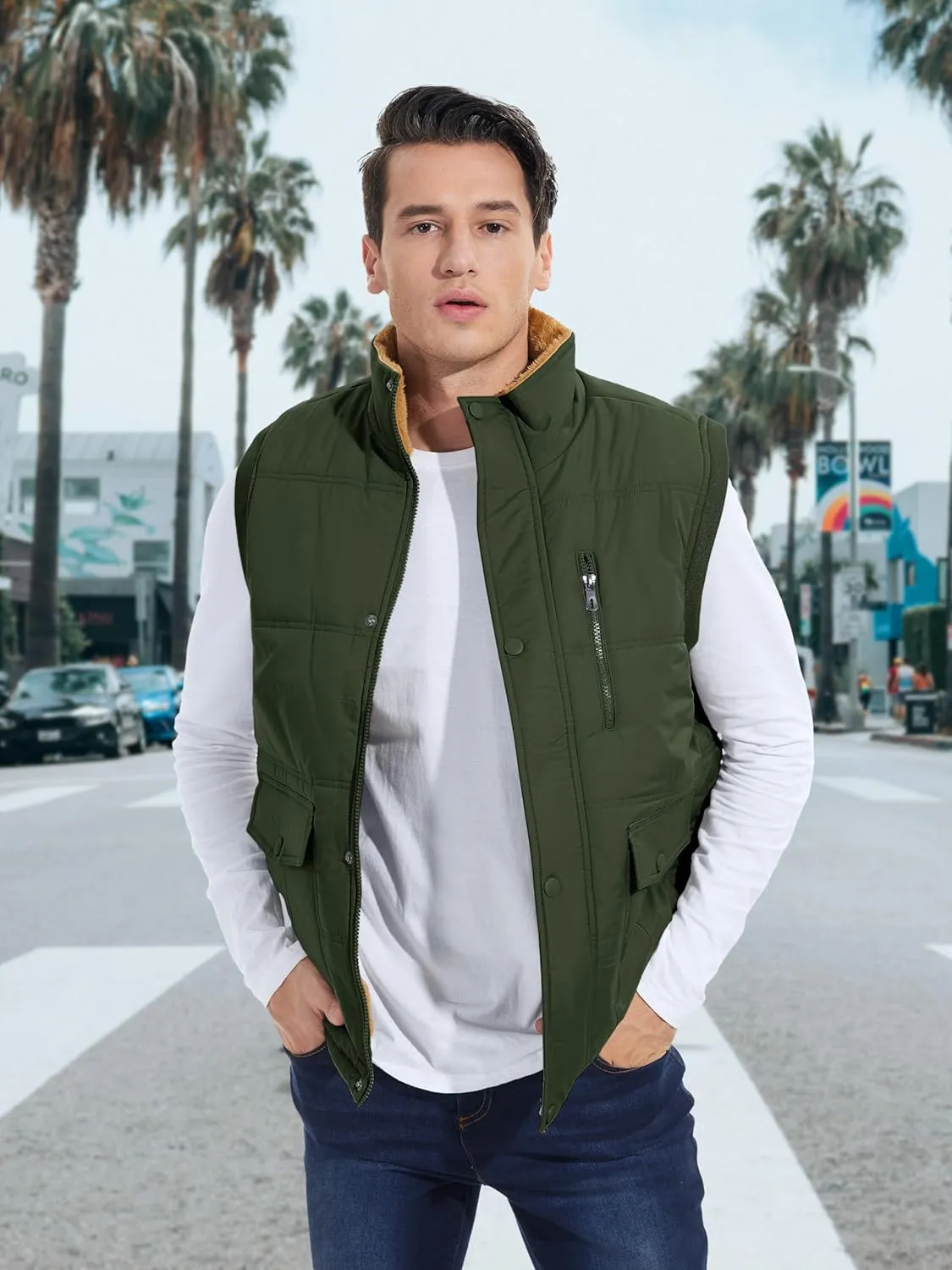 MAGCOMSEN Mens Winter Vests Outerwear Fleece Lined Puffer Vest Warm Casual Quilted Vest Bubble Sherpa Vest Jacket