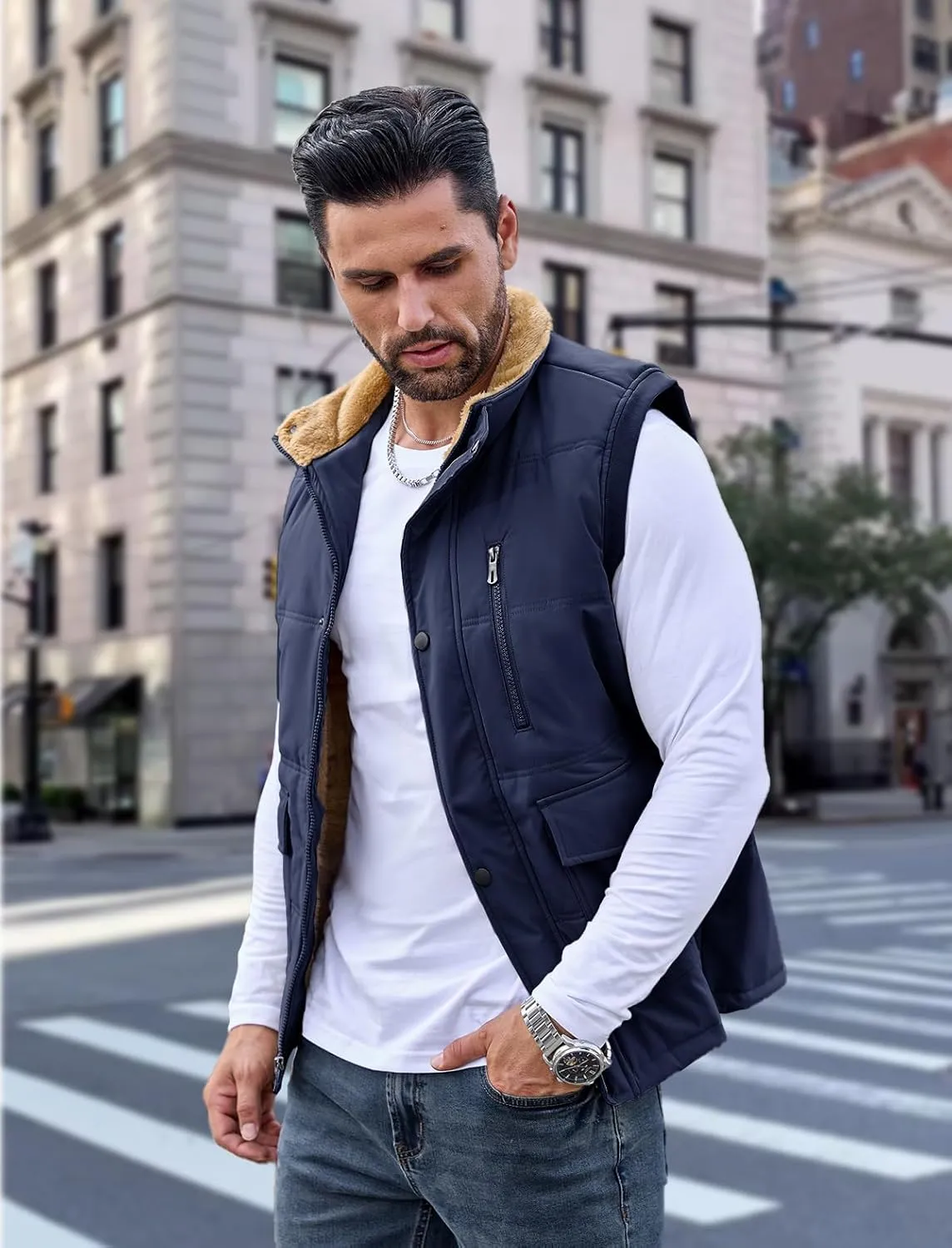 MAGCOMSEN Mens Winter Vests Outerwear Fleece Lined Puffer Vest Warm Casual Quilted Vest Bubble Sherpa Vest Jacket