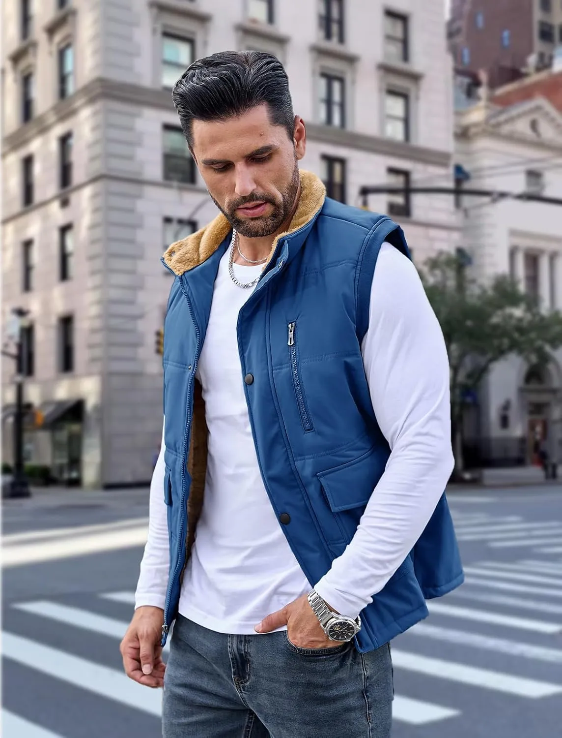 MAGCOMSEN Mens Winter Vests Outerwear Fleece Lined Puffer Vest Warm Casual Quilted Vest Bubble Sherpa Vest Jacket