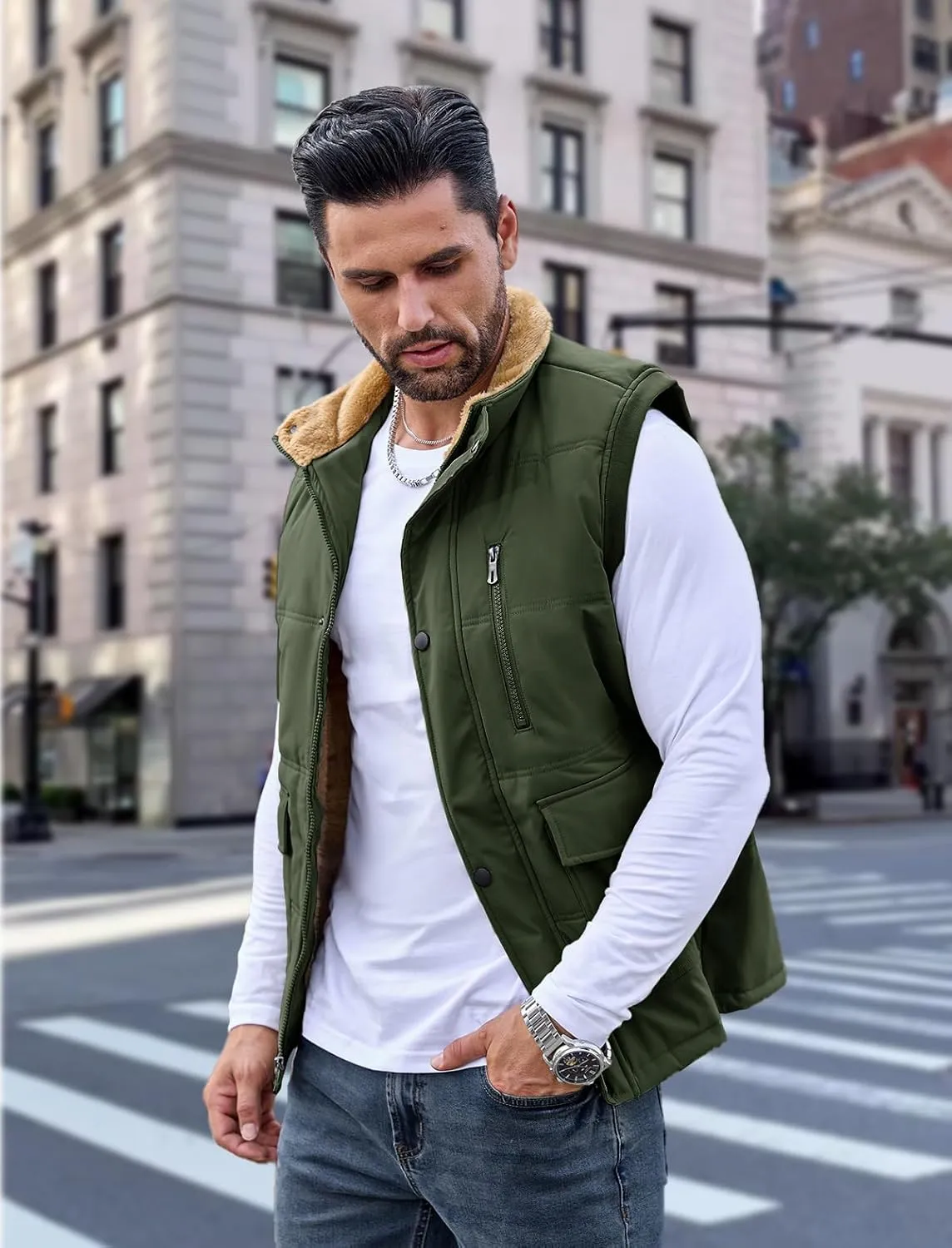 MAGCOMSEN Mens Winter Vests Outerwear Fleece Lined Puffer Vest Warm Casual Quilted Vest Bubble Sherpa Vest Jacket