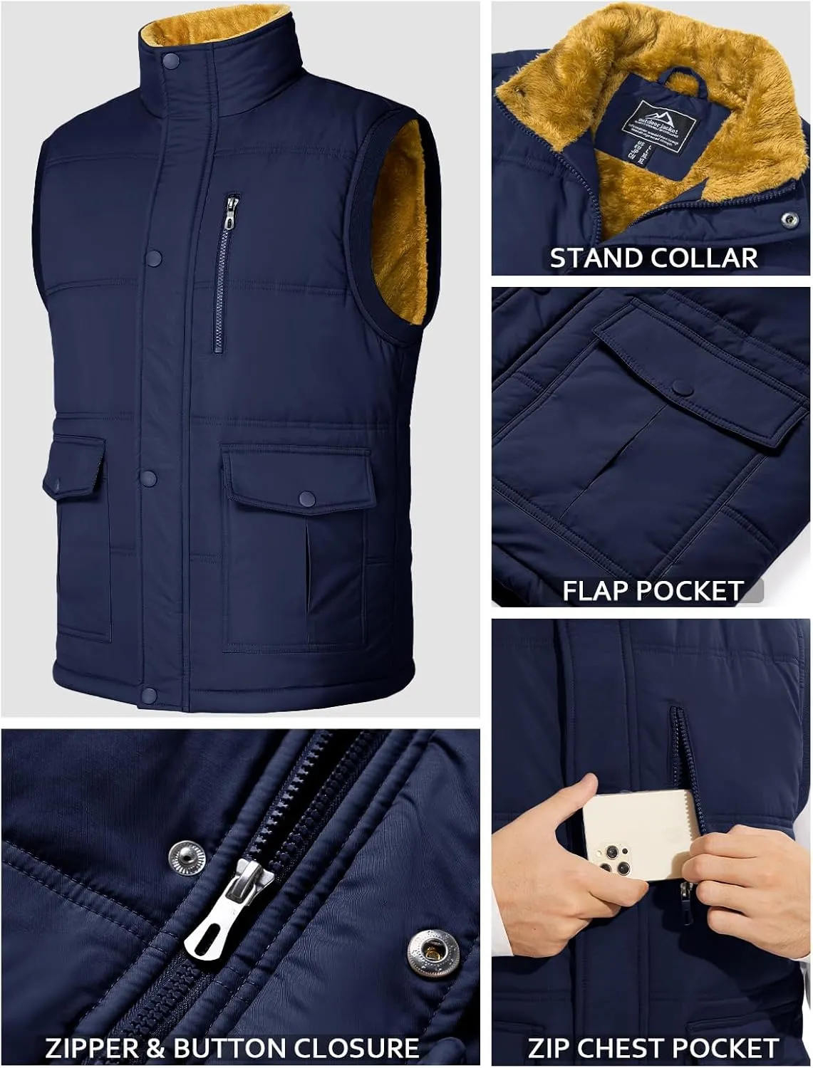 MAGCOMSEN Mens Winter Vests Outerwear Fleece Lined Puffer Vest Warm Casual Quilted Vest Bubble Sherpa Vest Jacket