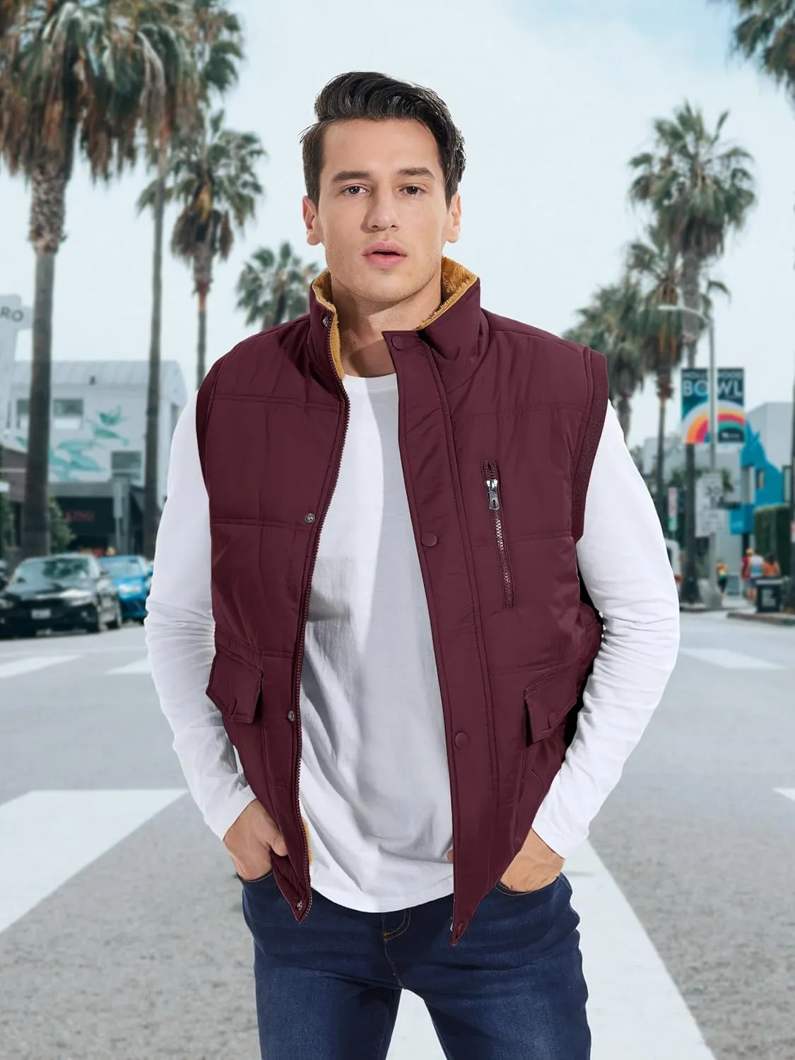 MAGCOMSEN Mens Winter Vests Outerwear Fleece Lined Puffer Vest Warm Casual Quilted Vest Bubble Sherpa Vest Jacket