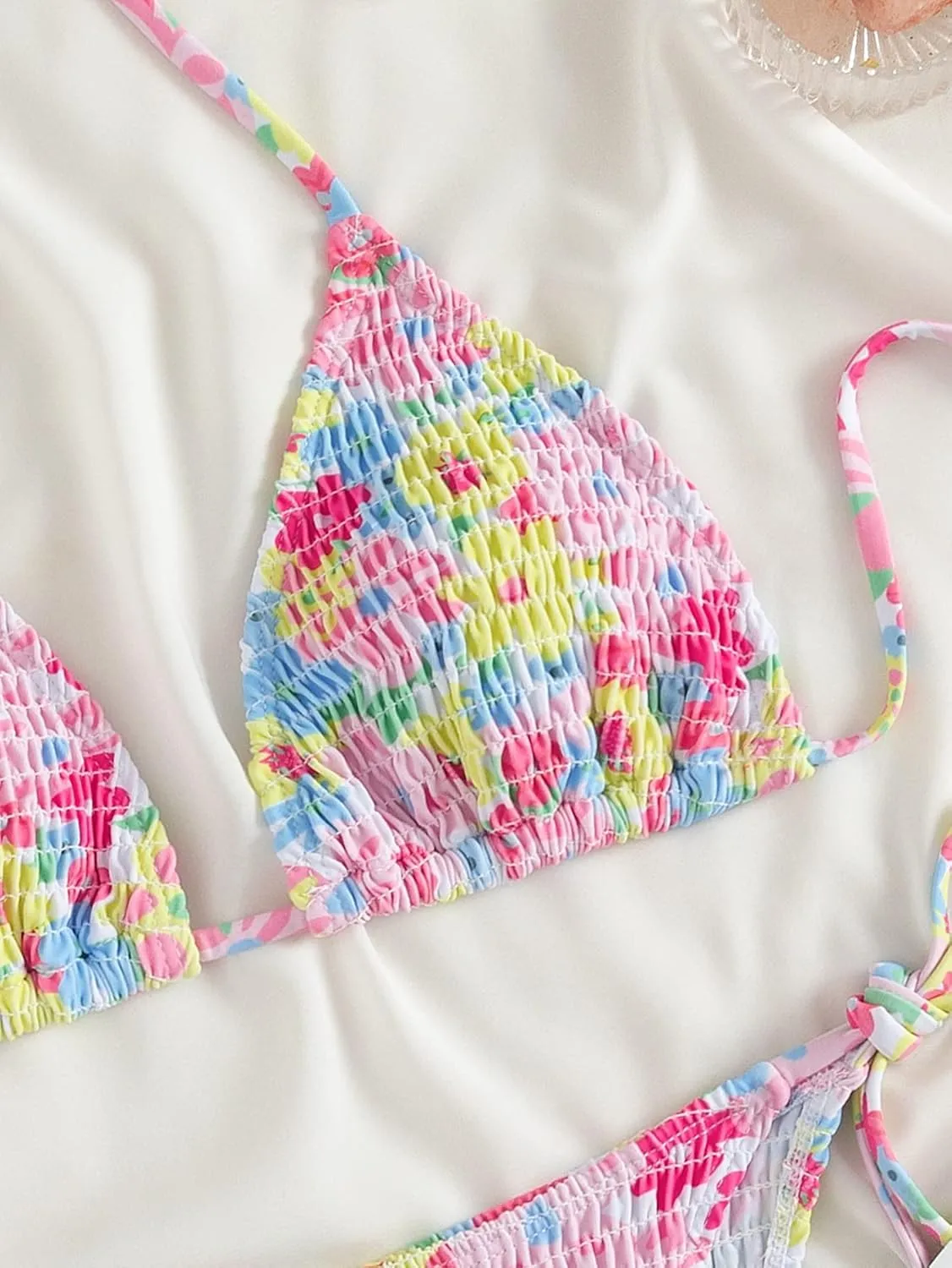 MakeMeChic Women's Floral Halter Tie Side High Cut Triangle Bikini Set Swimsuit Bathing Suit