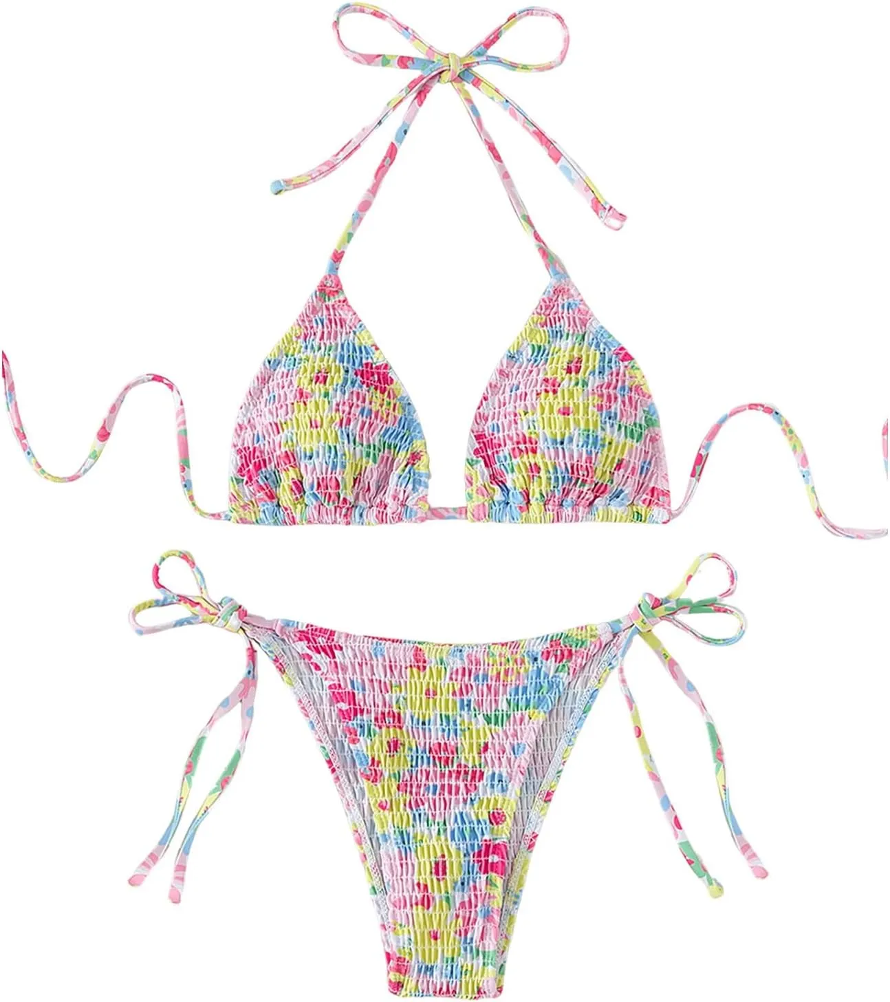 MakeMeChic Women's Floral Halter Tie Side High Cut Triangle Bikini Set Swimsuit Bathing Suit