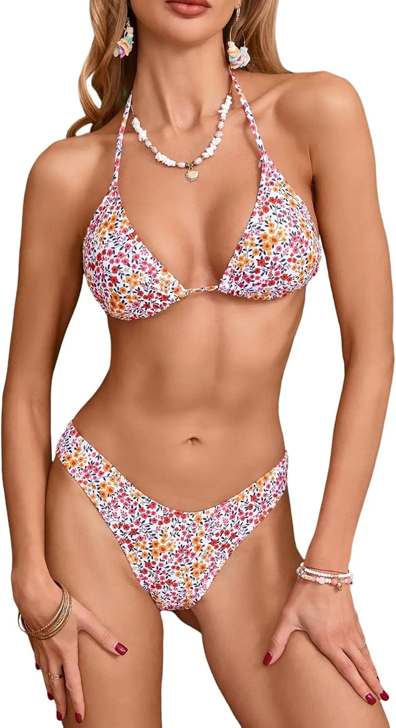 MakeMeChic Women's Floral Halter Tie Side High Cut Triangle Bikini Set Swimsuit Bathing Suit