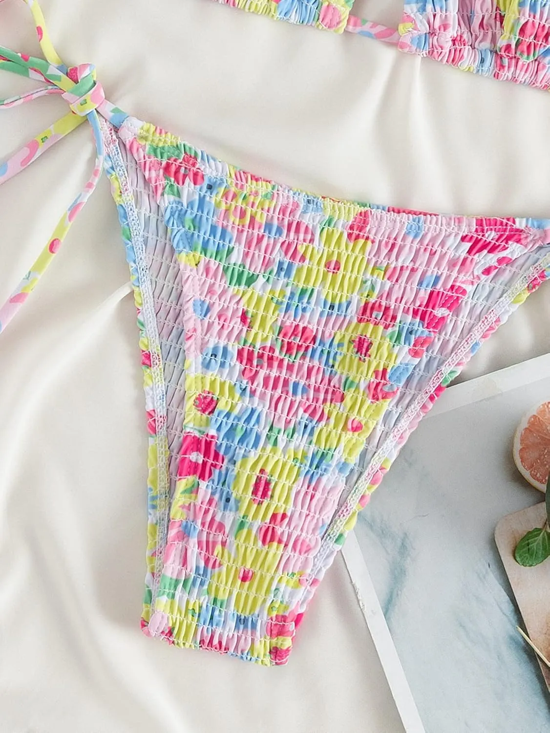 MakeMeChic Women's Floral Halter Tie Side High Cut Triangle Bikini Set Swimsuit Bathing Suit