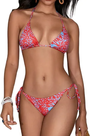 MakeMeChic Women's Floral Halter Tie Side High Cut Triangle Bikini Set Swimsuit Bathing Suit