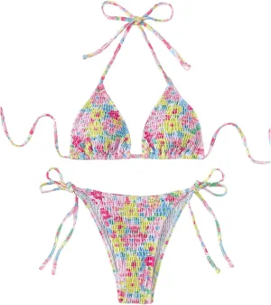 MakeMeChic Women's Floral Halter Tie Side High Cut Triangle Bikini Set Swimsuit Bathing Suit