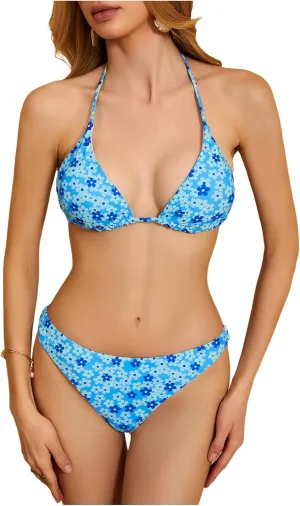 MakeMeChic Women's Floral Halter Tie Side High Cut Triangle Bikini Set Swimsuit Bathing Suit