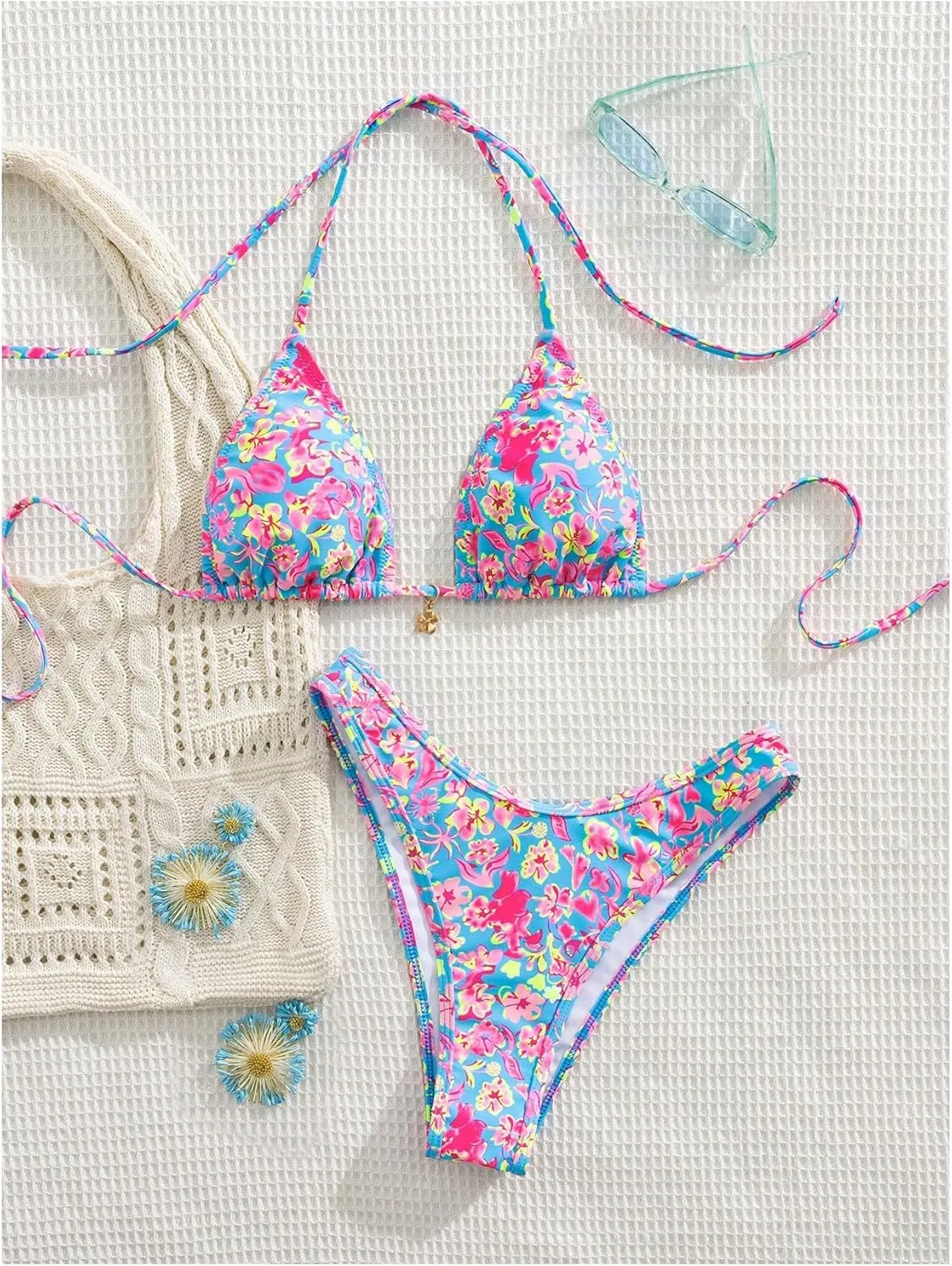 MakeMeChic Women's Halter Tie Side High Cut Triangle Bikini Set Bathing Suit