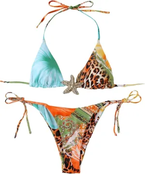 MakeMeChic Women's Halter Tie Side High Cut Triangle Bikini Set Bathing Suit