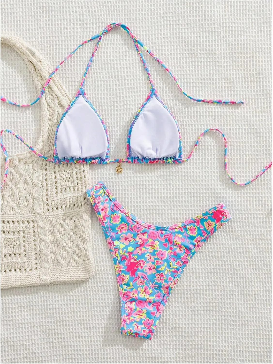MakeMeChic Women's Halter Tie Side High Cut Triangle Bikini Set Bathing Suit