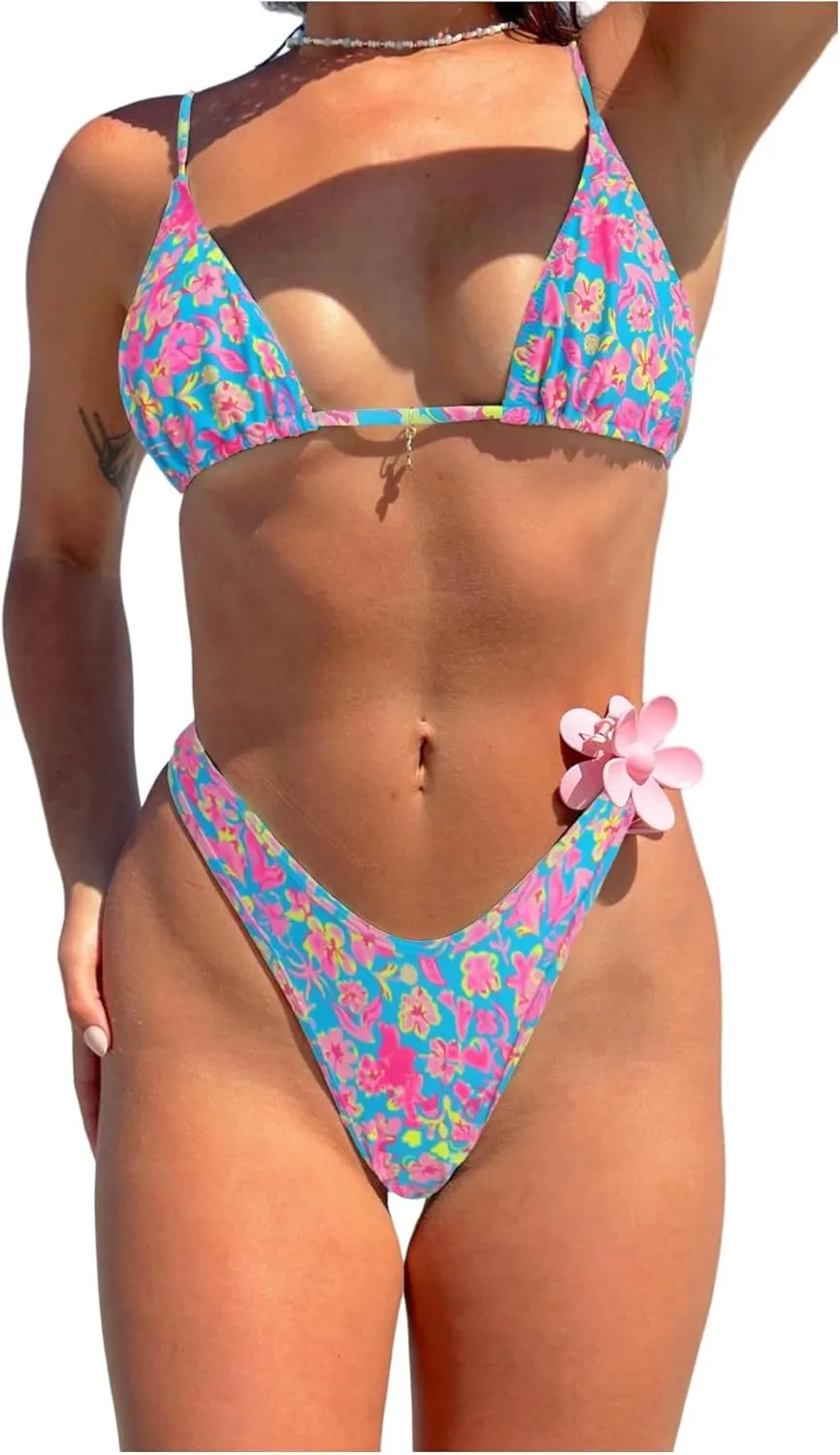 MakeMeChic Women's Halter Tie Side High Cut Triangle Bikini Set Bathing Suit