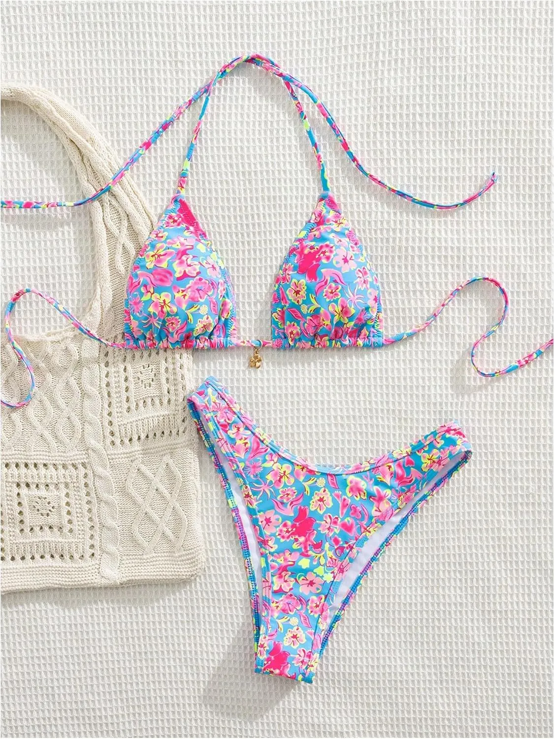 MakeMeChic Women's Halter Tie Side High Cut Triangle Bikini Set Bathing Suit