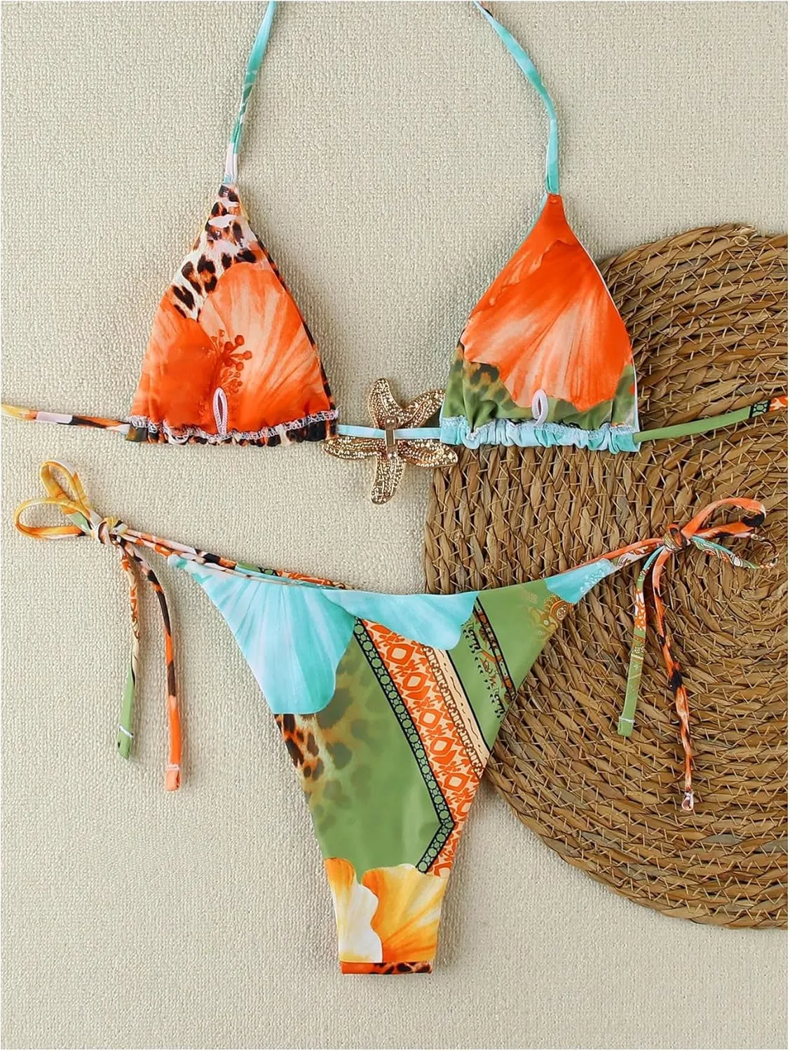 MakeMeChic Women's Halter Tie Side High Cut Triangle Bikini Set Bathing Suit