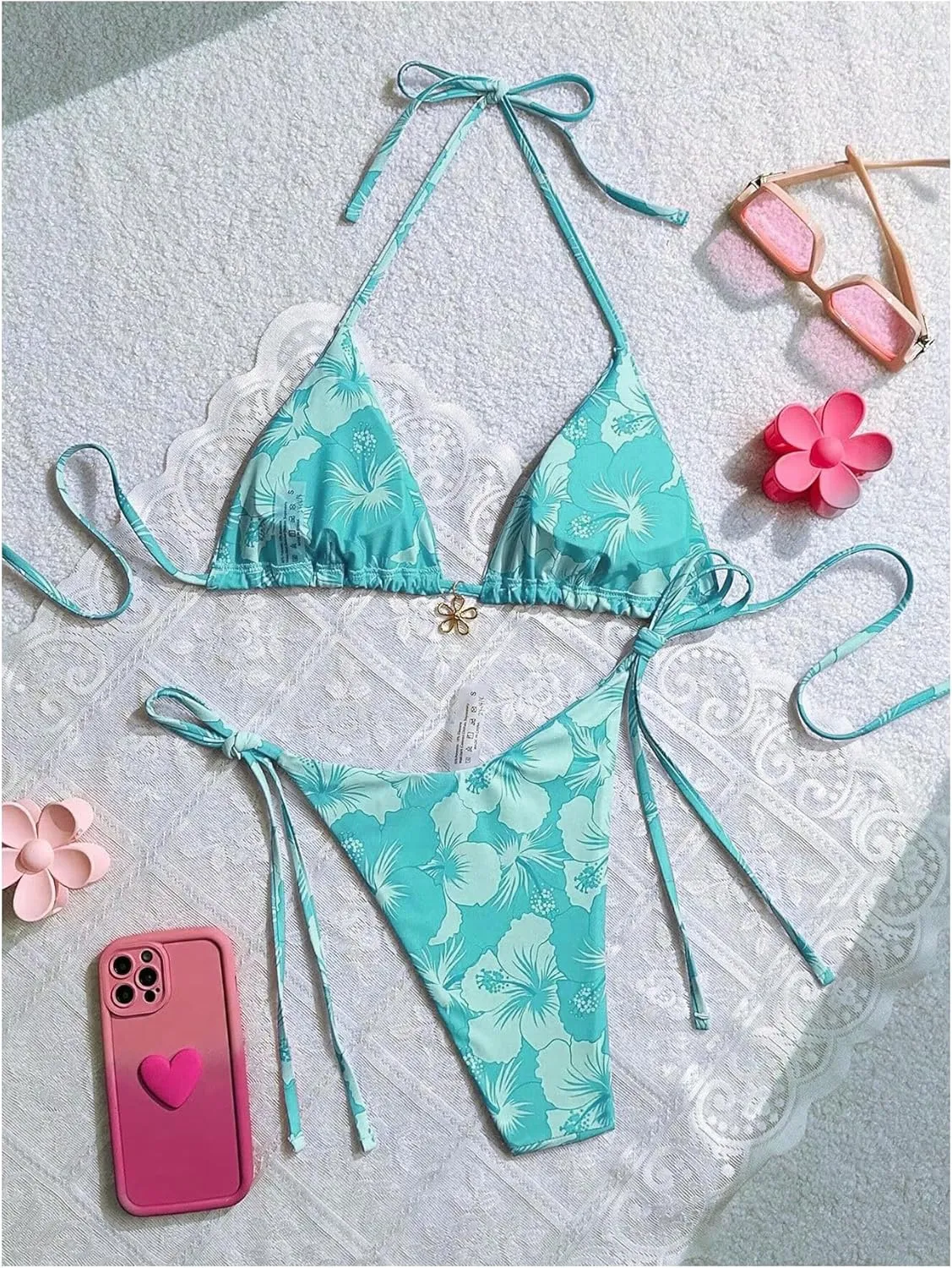 MakeMeChic Women's Halter Tie Side Triangle High Cut Bikini Set Bathing Suit Swimsuit