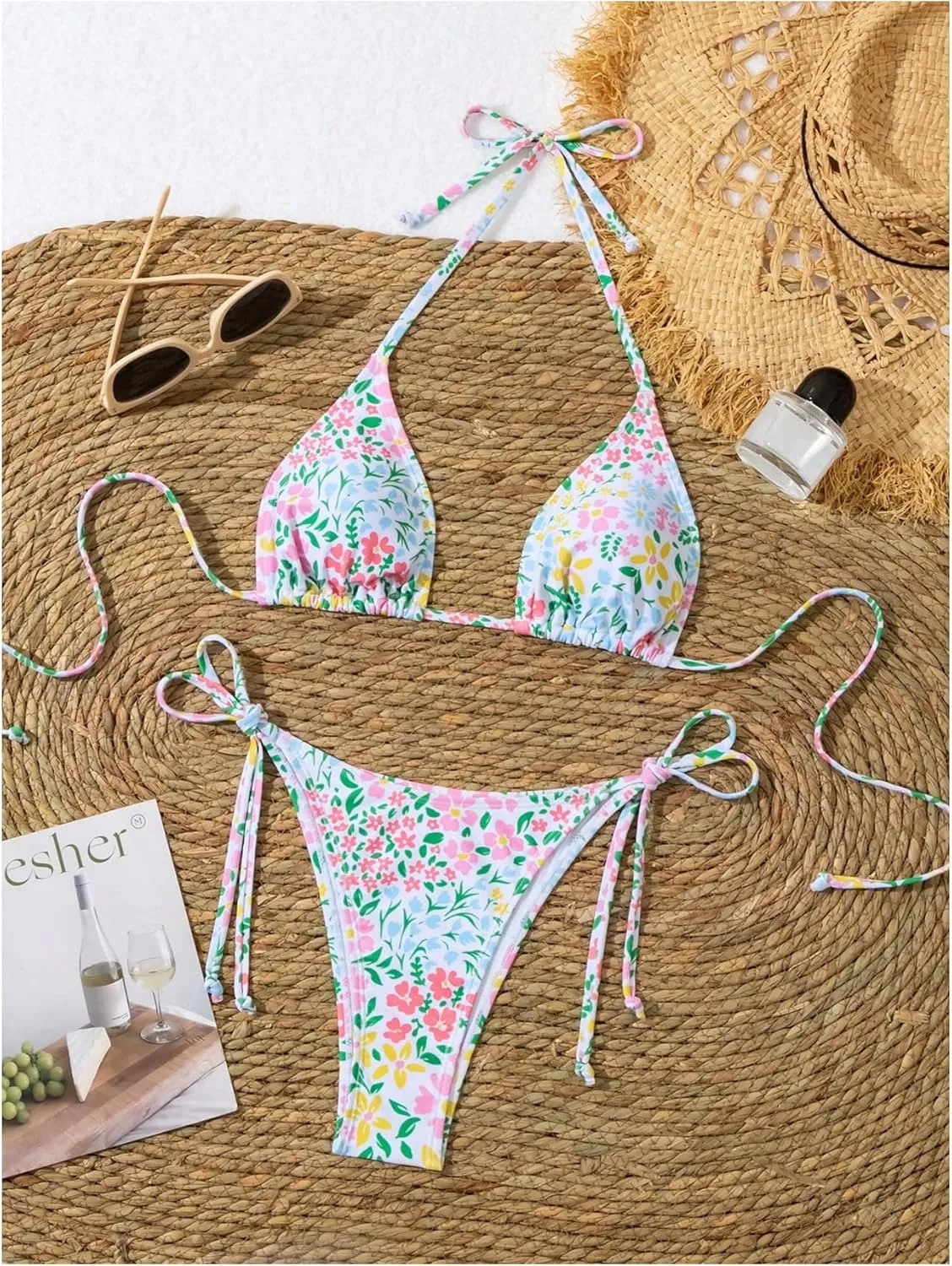 MakeMeChic Women's Halter Tie Side Triangle High Cut Bikini Set Bathing Suit Swimsuit